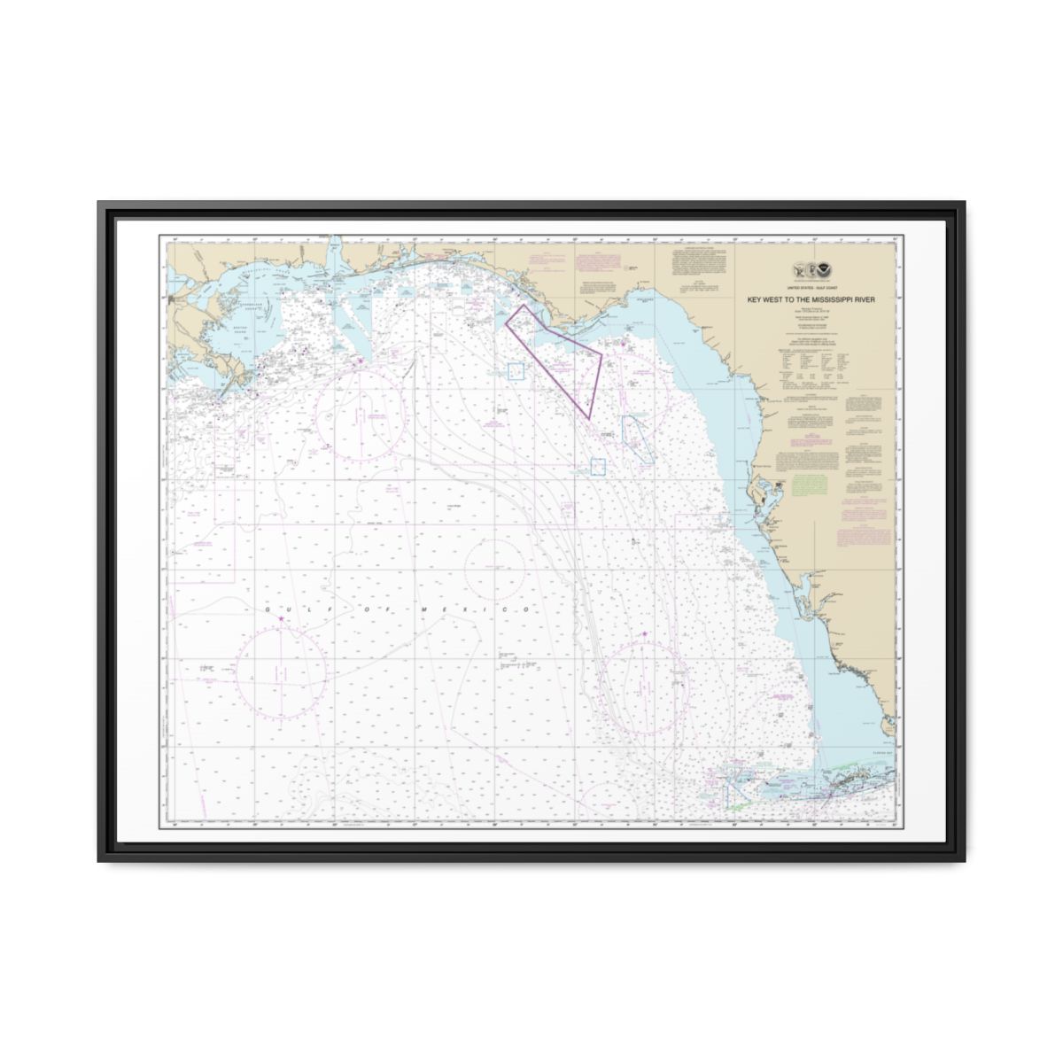 Chart 11006 Gulf Coast - Key West to Mississippi River - NOAA Nautical Chart Floating Frame Canvas | 32" x 24" | 40" x 30" - Black front