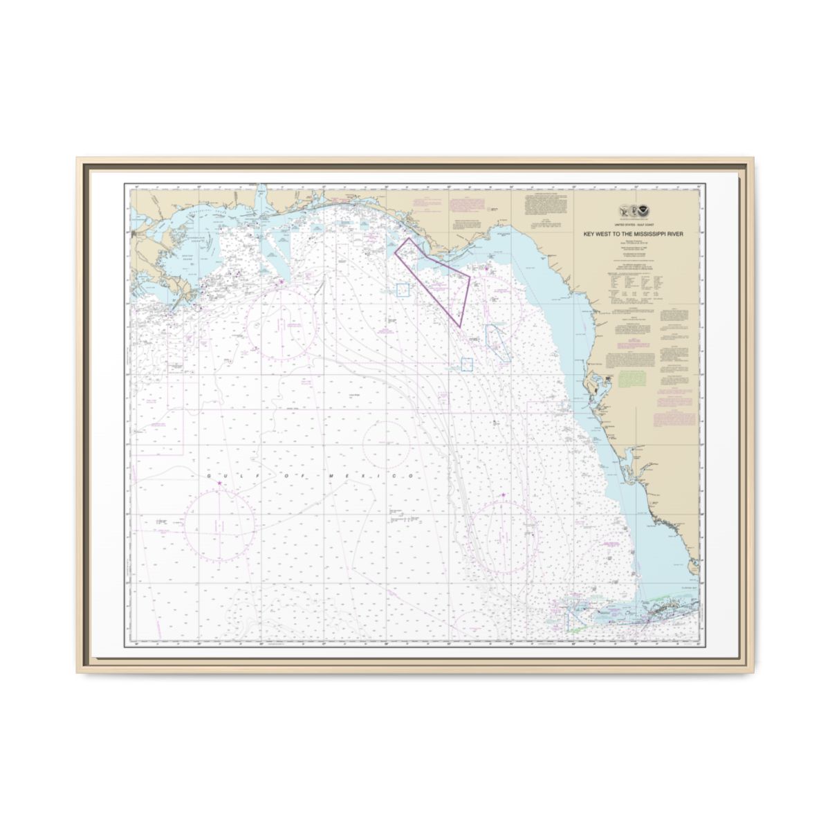 Chart 11006 Gulf Coast - Key West to Mississippi River - NOAA Nautical Chart Floating Frame Canvas | 32" x 24" | 40" x 30" - Natural front