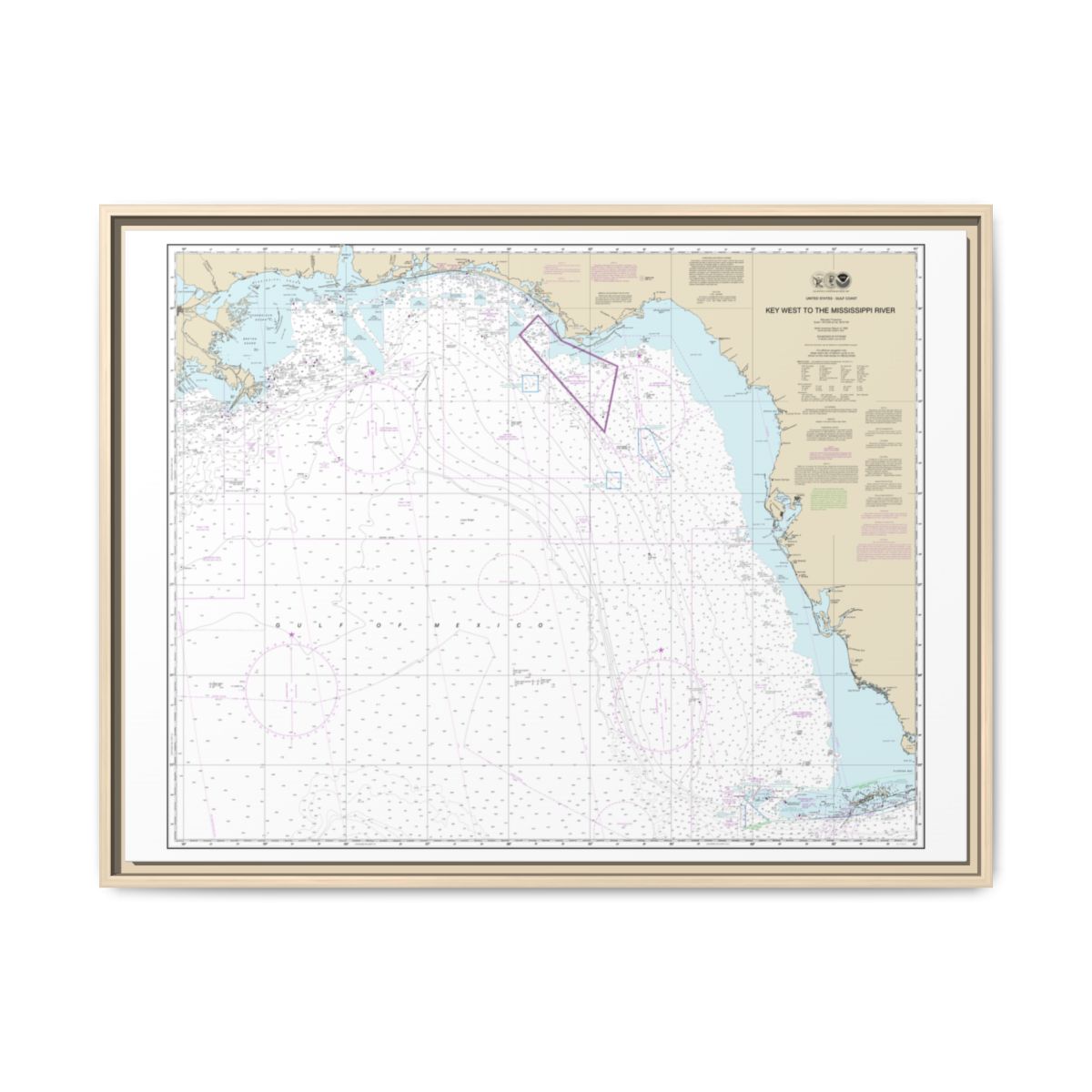 Chart 11006 Gulf Coast - Key West to Mississippi River - NOAA Nautical Chart Floating Frame Canvas | 32" x 24" | 40" x 30" - Natural front