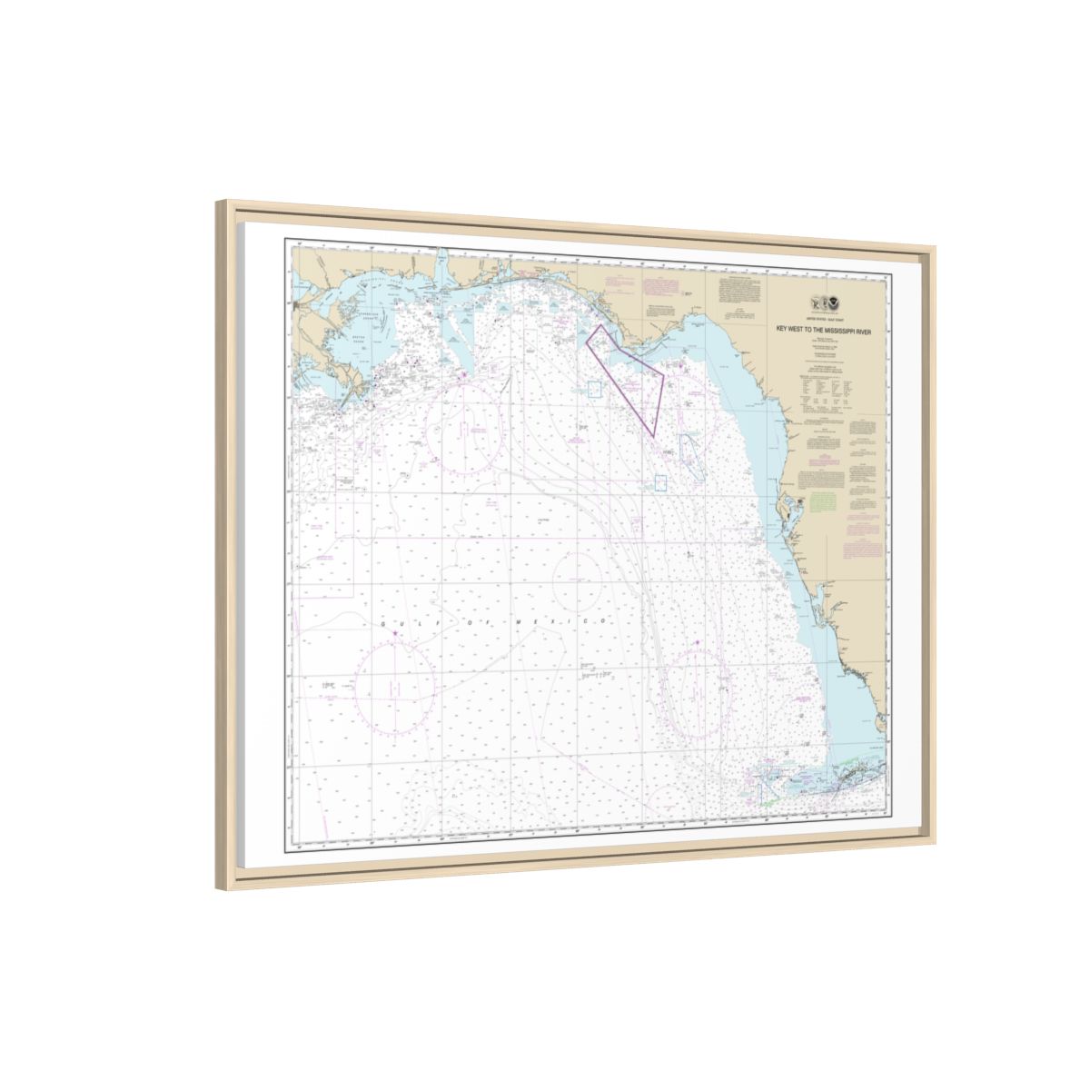 Chart 11006 Gulf Coast - Key West to Mississippi River - NOAA Nautical Chart Floating Frame Canvas | 32" x 24" | 40" x 30" - Natural side