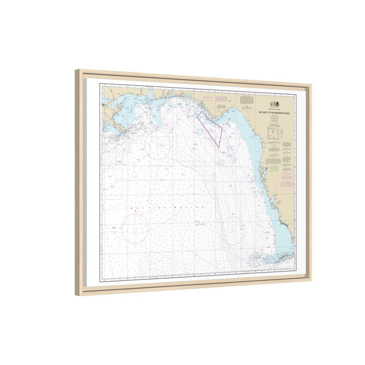 Chart 11006 Gulf Coast - Key West to Mississippi River - NOAA Nautical Chart Floating Frame Canvas | 32" x 24" | 40" x 30" - Natural side