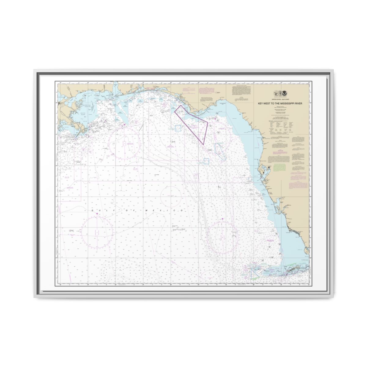 Chart 11006 Gulf Coast - Key West to Mississippi River - NOAA Nautical Chart Floating Frame Canvas | 32" x 24" | 40" x 30" - White front