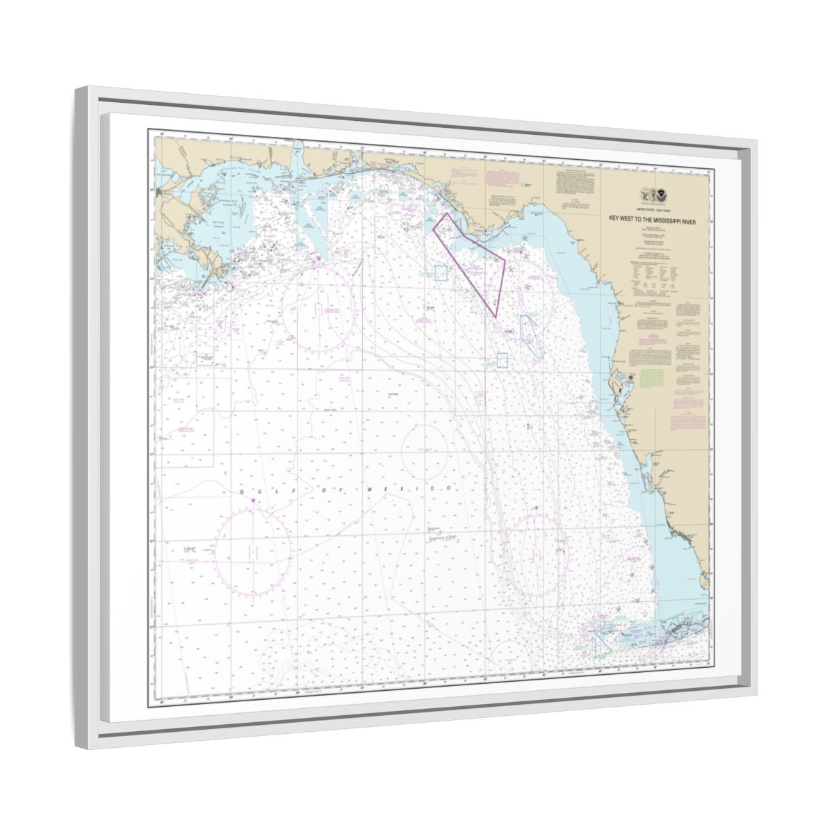 Chart 11006 Gulf Coast - Key West to Mississippi River - NOAA Nautical Chart Floating Frame Canvas | 32" x 24" | 40" x 30" - White side
