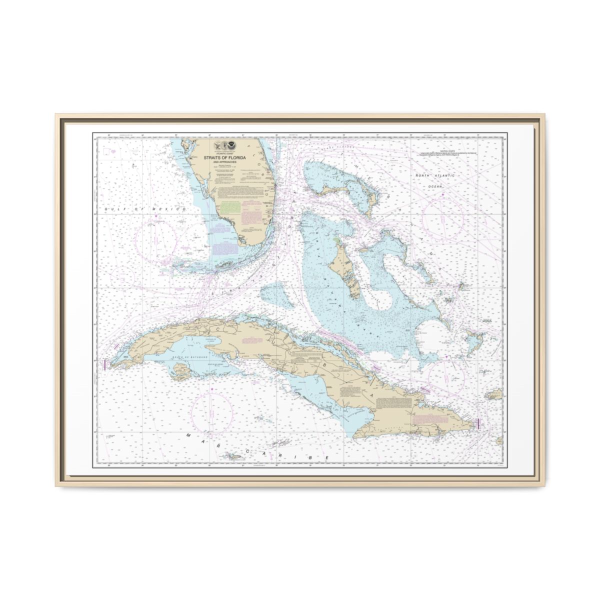 Chart 11013 Straits of Florida and Approaches - NOAA Nautical Chart Floating Frame Canvas | 32" x 24" | 40" x 30" - Natural front