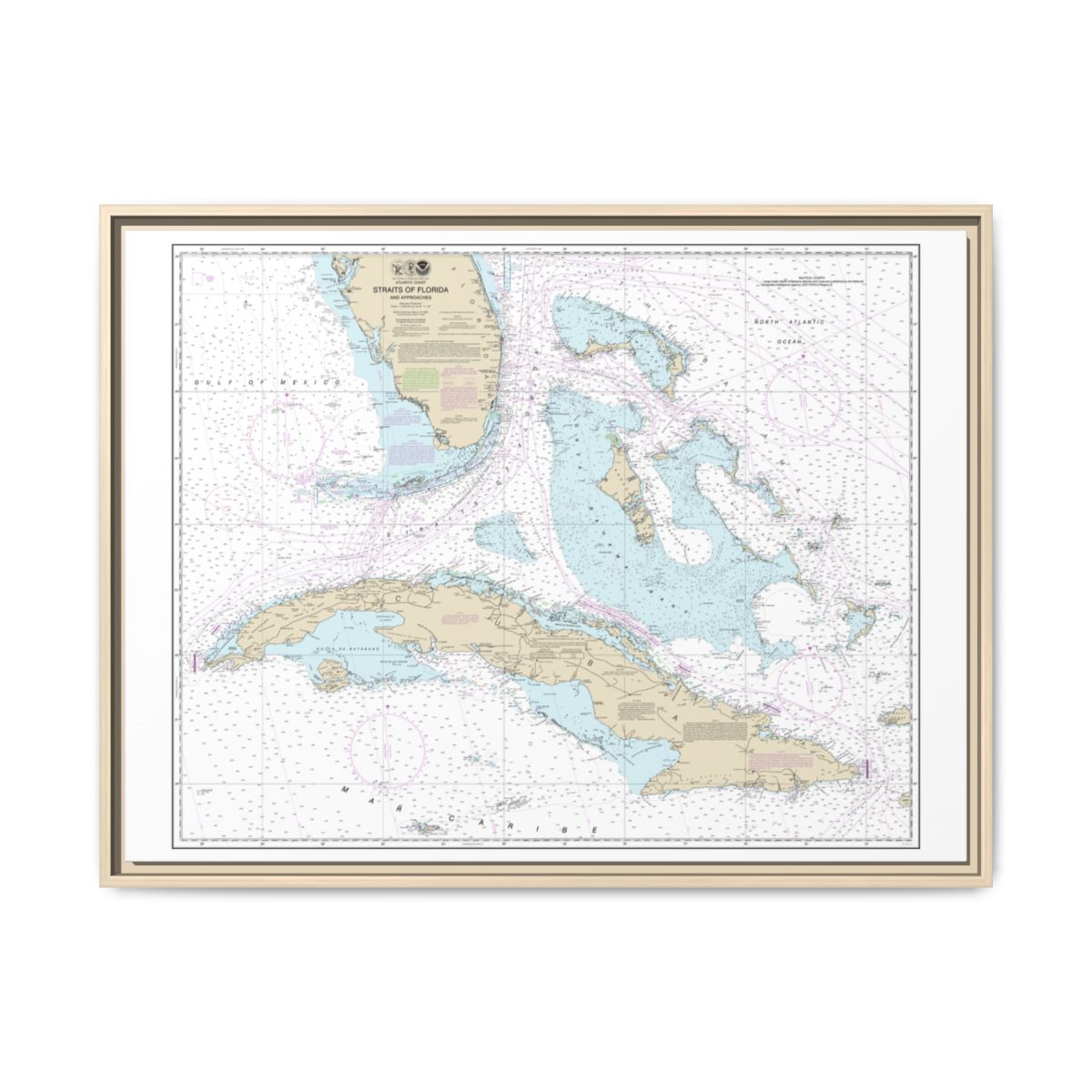Chart 11013 Straits of Florida and Approaches - NOAA Nautical Chart Floating Frame Canvas | 32" x 24" | 40" x 30" - Natural front