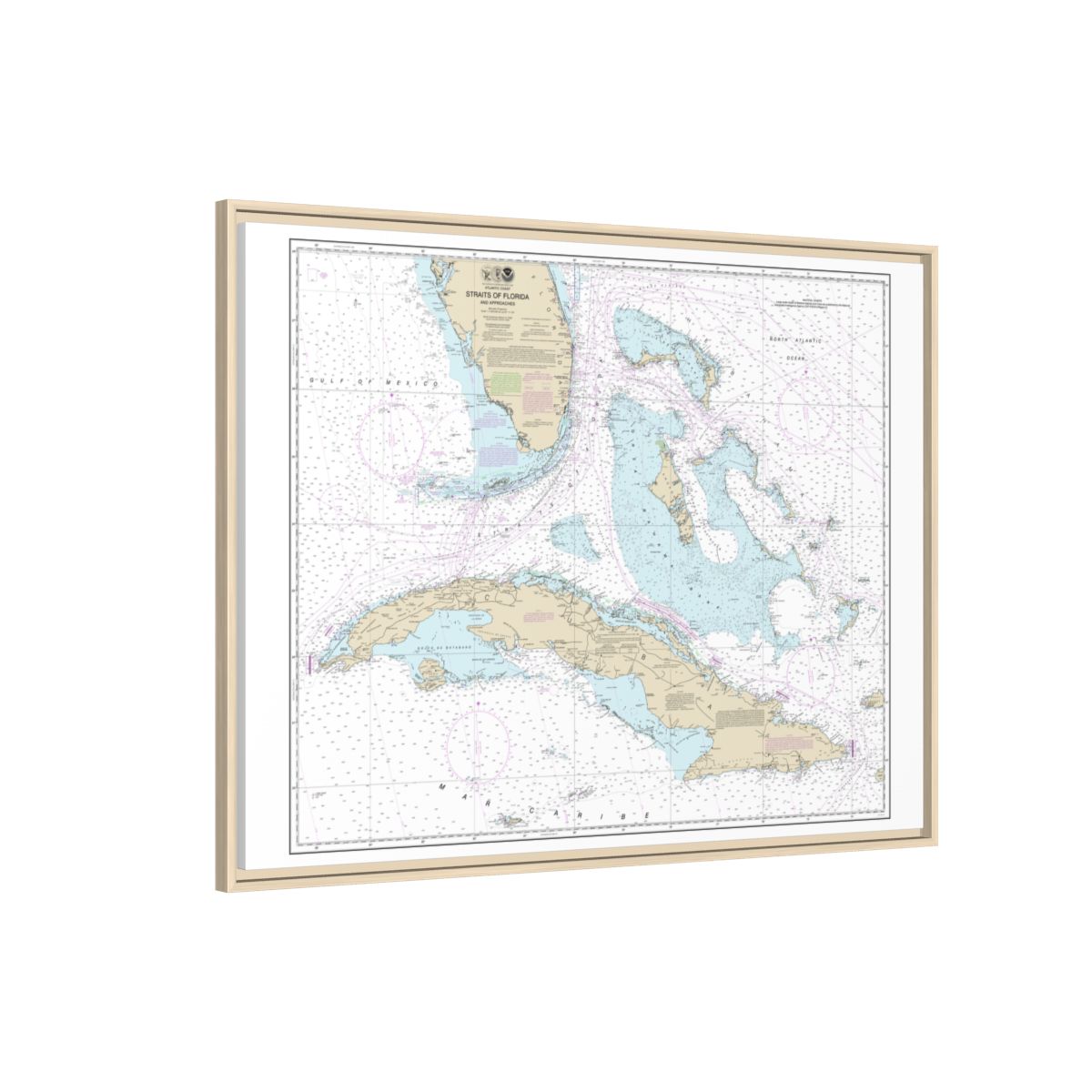 Chart 11013 Straits of Florida and Approaches - NOAA Nautical Chart Floating Frame Canvas | 32" x 24" | 40" x 30" - Natural side