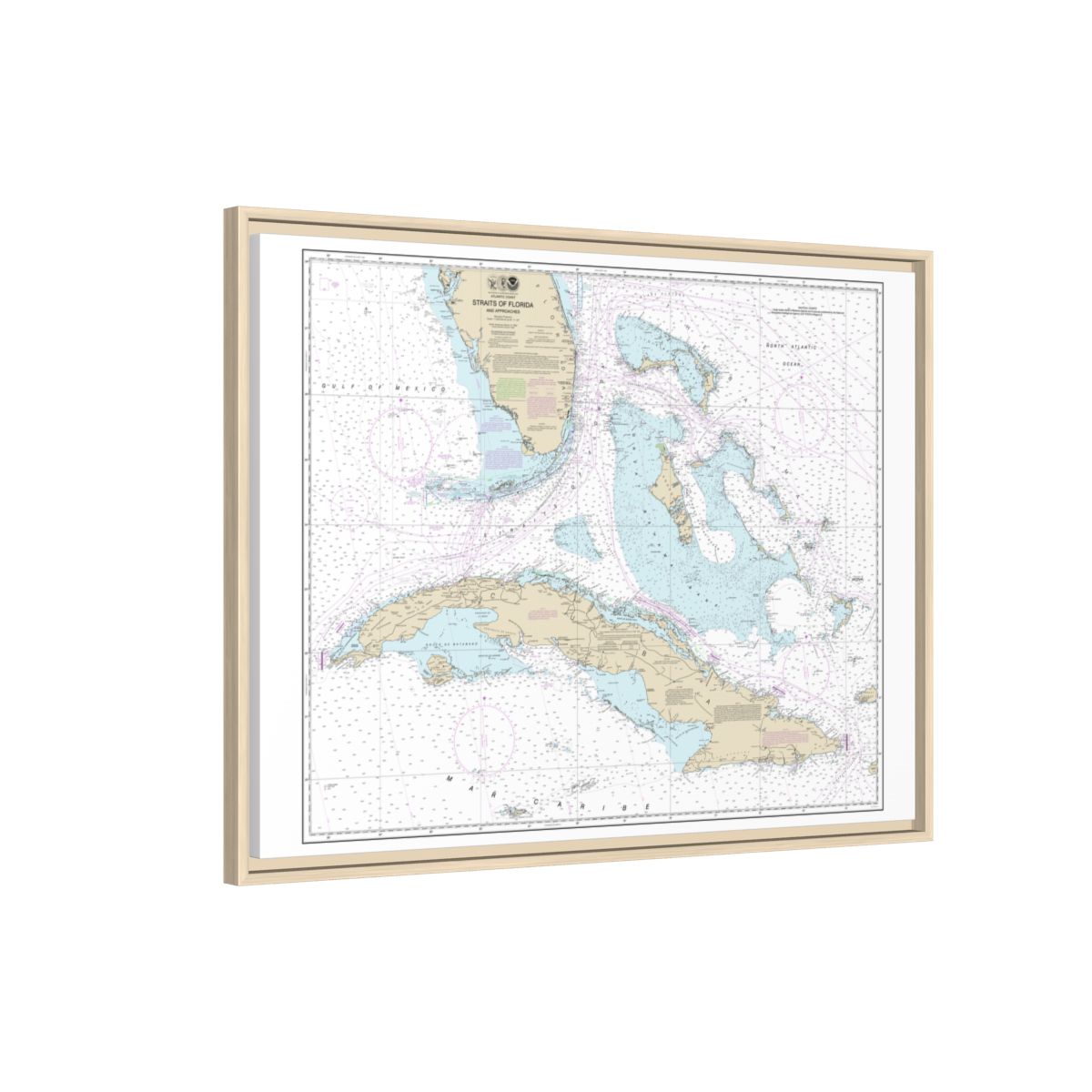 Chart 11013 Straits of Florida and Approaches - NOAA Nautical Chart Floating Frame Canvas | 32" x 24" | 40" x 30" - Natural side