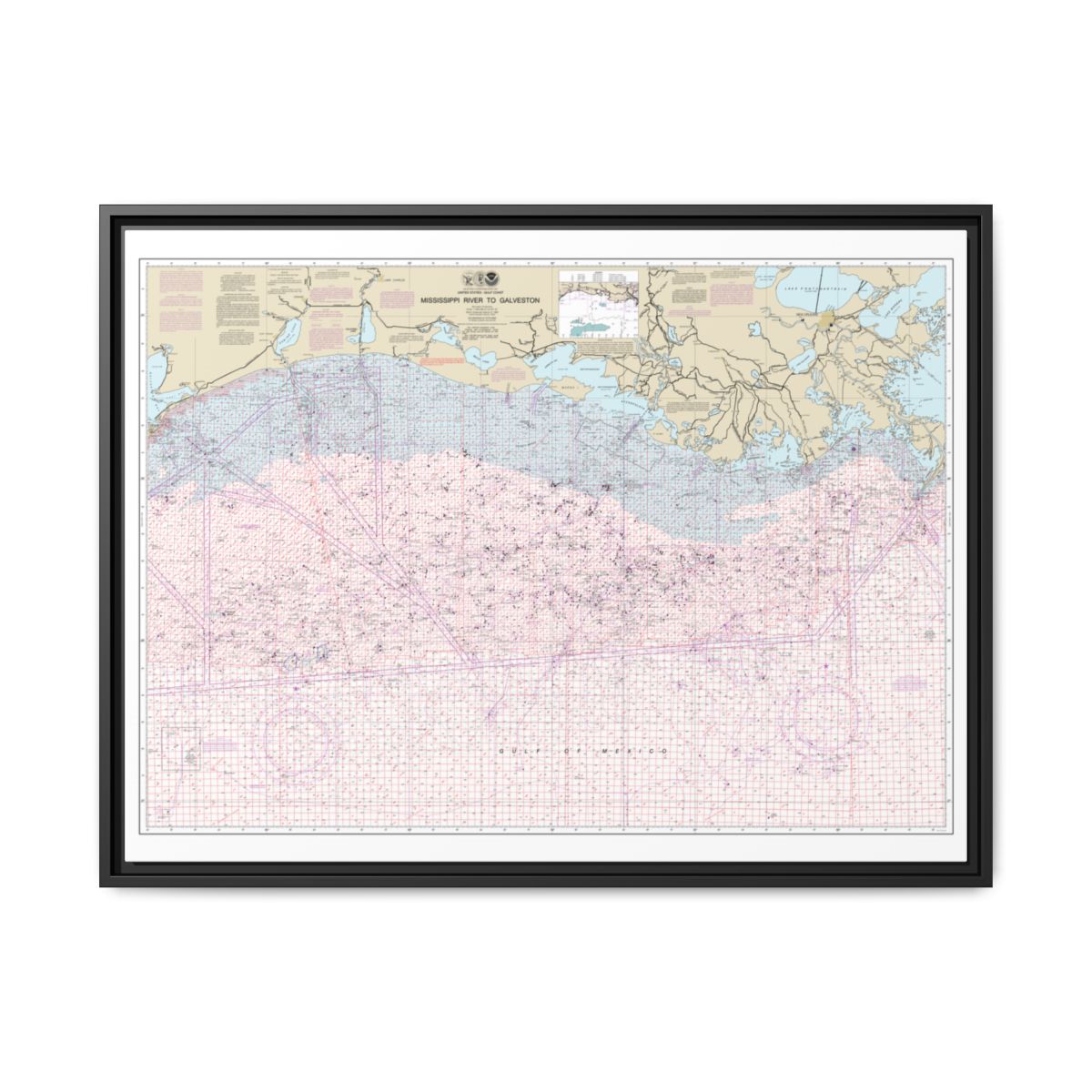 Chart 1116A Mississippi River to Galveston (Oil and Gas Leasing Areas) - NOAA Nautical Chart Floating Frame Canvas | 32" x 24" | 40" x 30" - Black front
