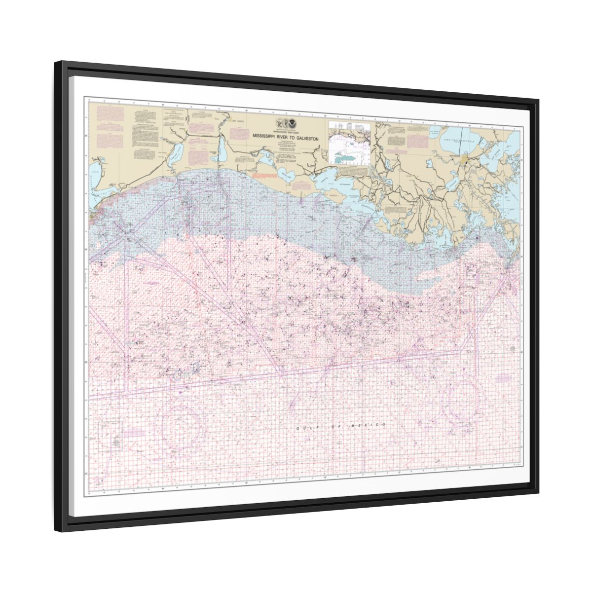 Chart 1116A Mississippi River to Galveston (Oil and Gas Leasing Areas) - NOAA Nautical Chart Floating Frame Canvas | 32" x 24" | 40" x 30" - Black side