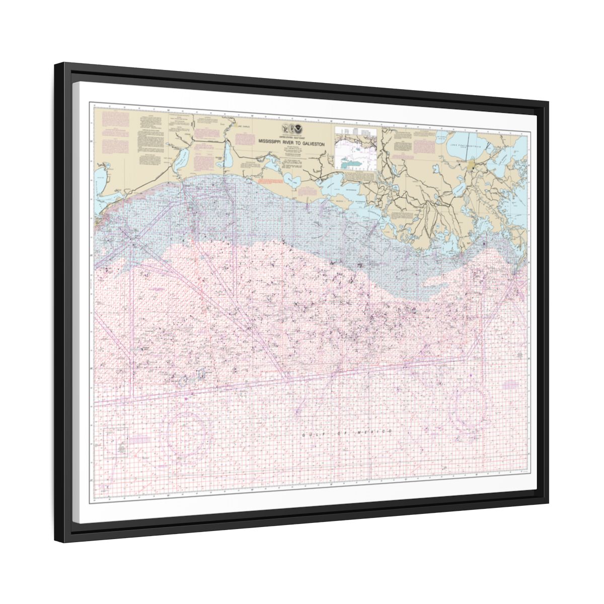 Chart 1116A Mississippi River to Galveston (Oil and Gas Leasing Areas) - NOAA Nautical Chart Floating Frame Canvas | 32" x 24" | 40" x 30" - Black side