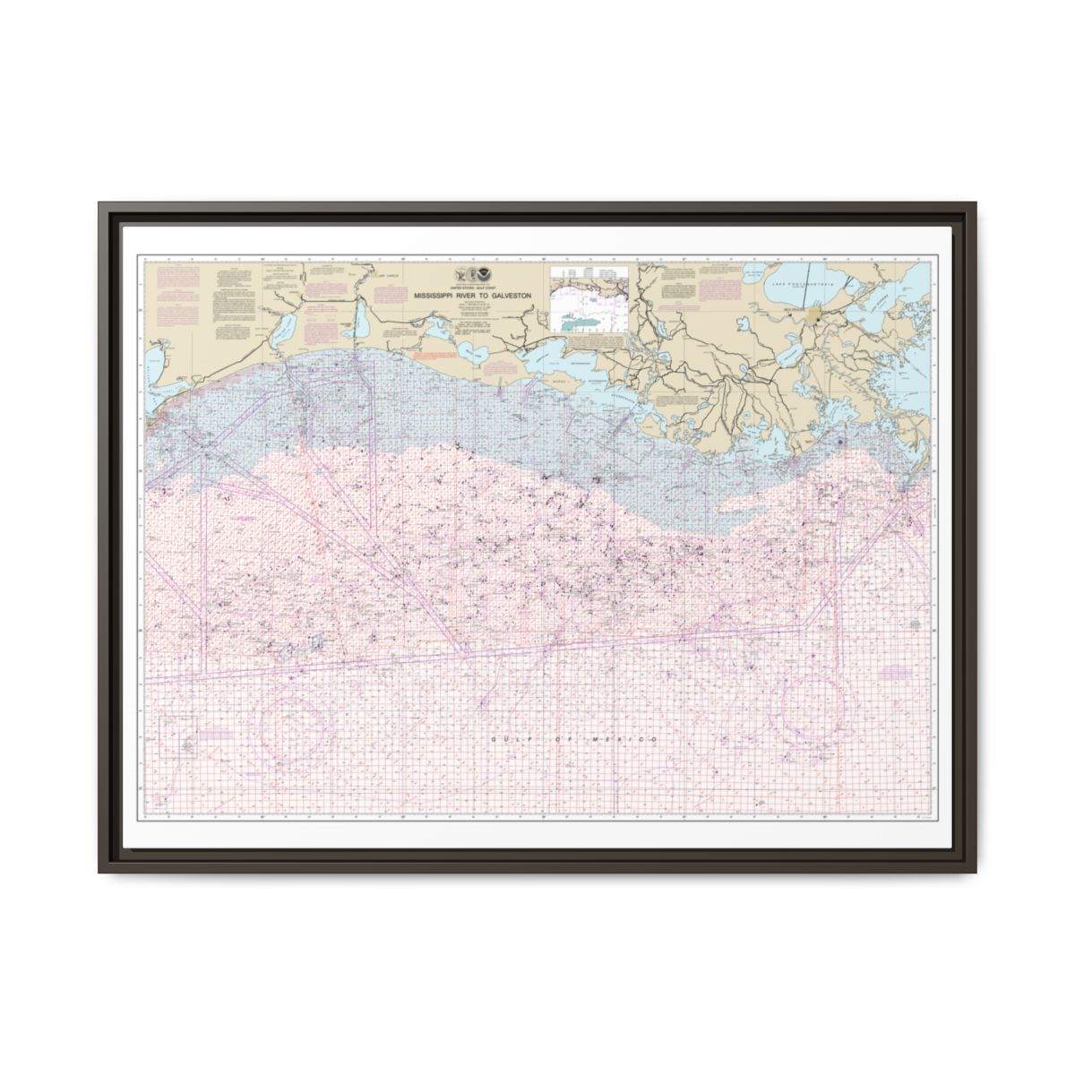 Chart 1116A Mississippi River to Galveston (Oil and Gas Leasing Areas) - NOAA Nautical Chart Floating Frame Canvas | 32" x 24" | 40" x 30" - Espresso front