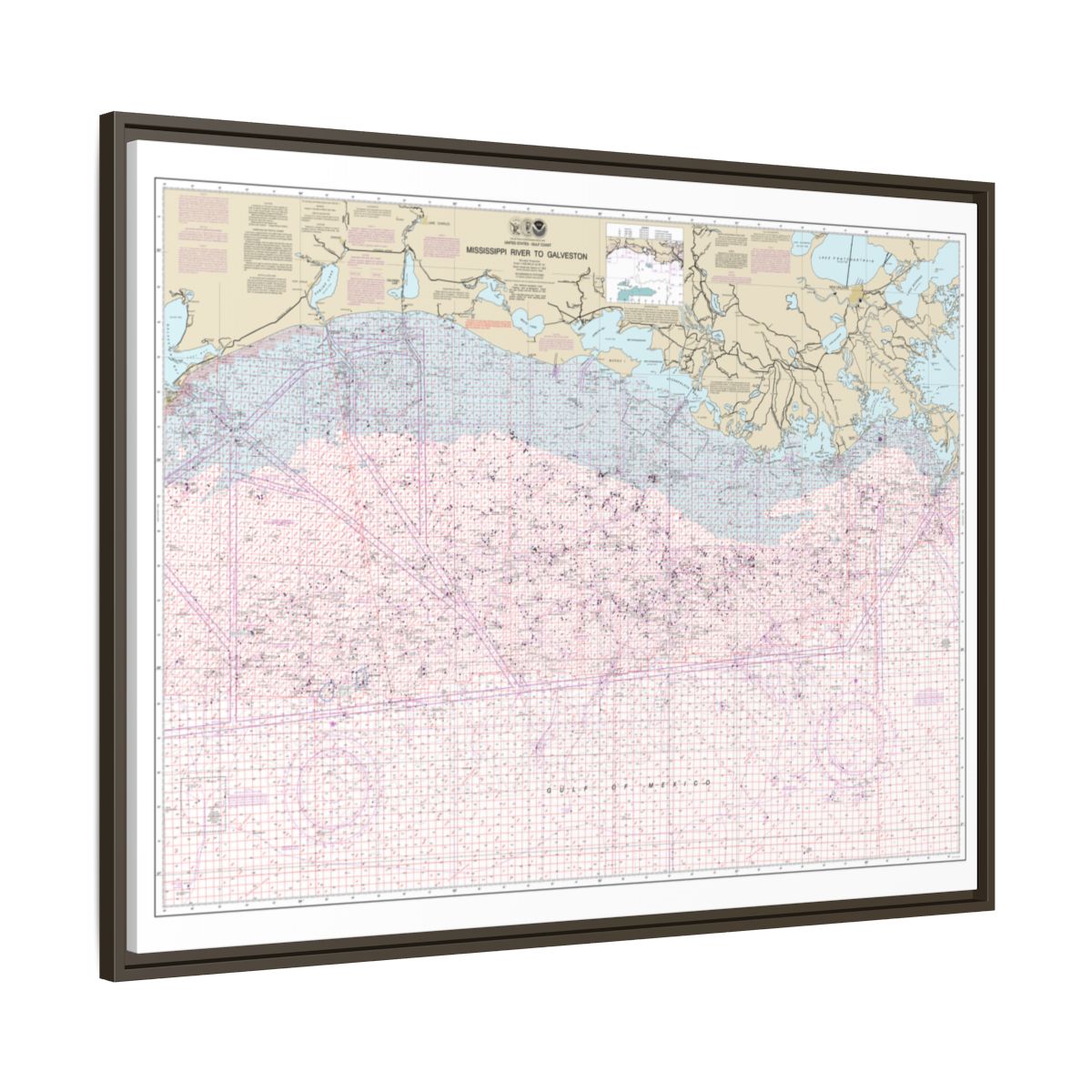Chart 1116A Mississippi River to Galveston (Oil and Gas Leasing Areas) - NOAA Nautical Chart Floating Frame Canvas | 32" x 24" | 40" x 30" - Espresso side