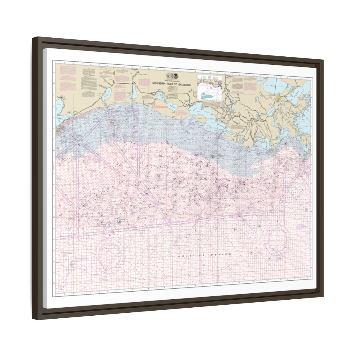 Chart 1116A Mississippi River to Galveston (Oil and Gas Leasing Areas) - NOAA Nautical Chart Floating Frame Canvas | 32" x 24" | 40" x 30" - Espresso side