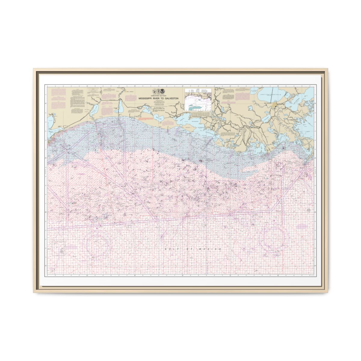 Chart 1116A Mississippi River to Galveston (Oil and Gas Leasing Areas) - NOAA Nautical Chart Floating Frame Canvas | 32" x 24" | 40" x 30" - Natural front