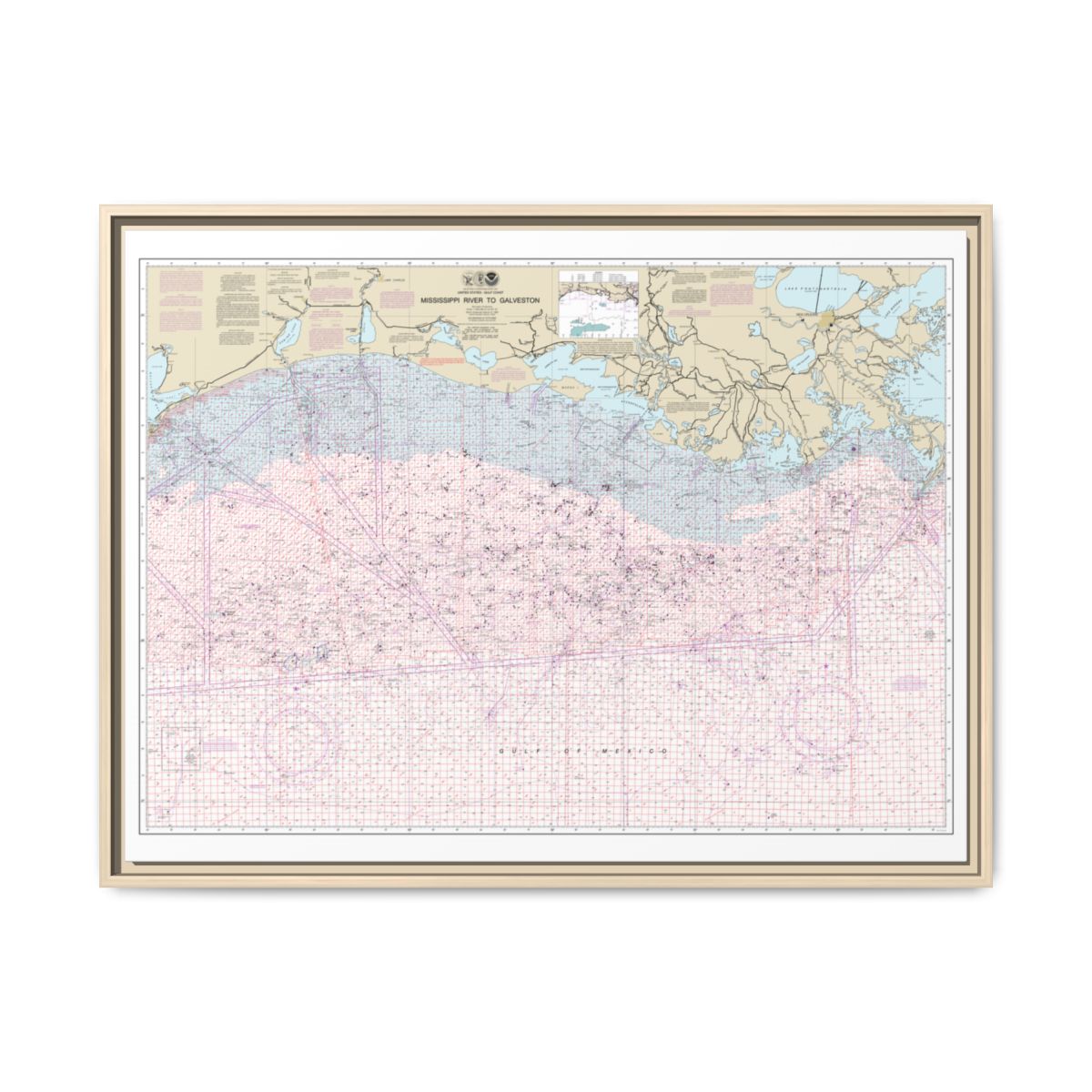 Chart 1116A Mississippi River to Galveston (Oil and Gas Leasing Areas) - NOAA Nautical Chart Floating Frame Canvas | 32" x 24" | 40" x 30" - Natural front