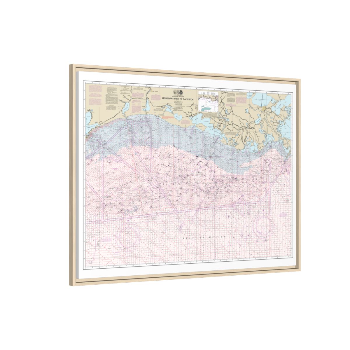 Chart 1116A Mississippi River to Galveston (Oil and Gas Leasing Areas) - NOAA Nautical Chart Floating Frame Canvas | 32" x 24" | 40" x 30" - Natural side
