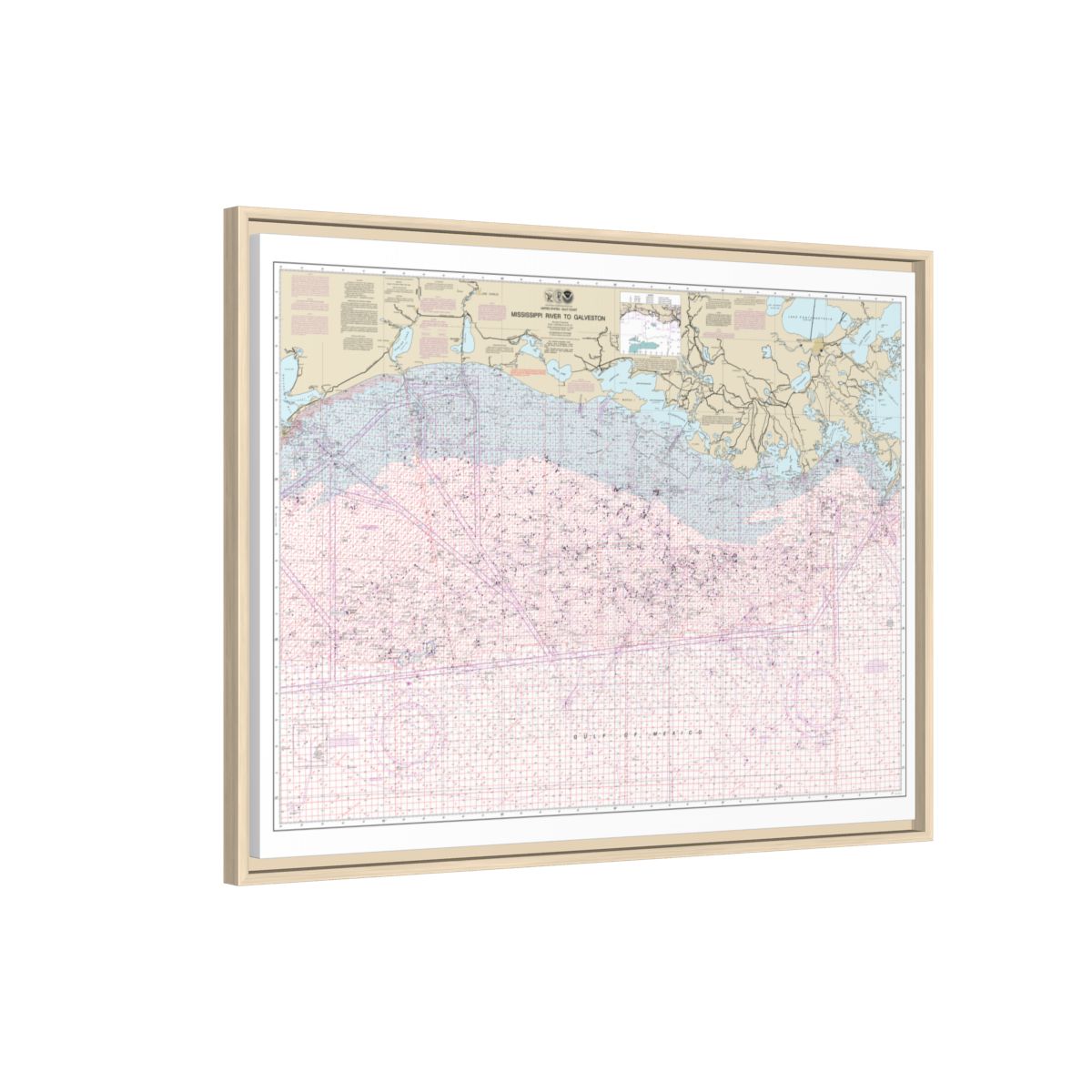Chart 1116A Mississippi River to Galveston (Oil and Gas Leasing Areas) - NOAA Nautical Chart Floating Frame Canvas | 32" x 24" | 40" x 30" - Natural side