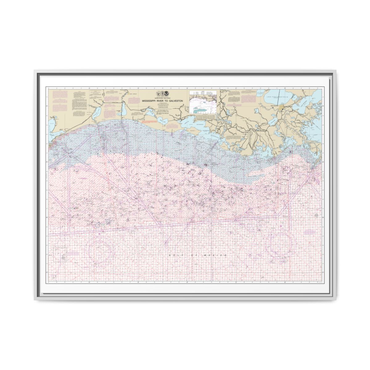 Chart 1116A Mississippi River to Galveston (Oil and Gas Leasing Areas) - NOAA Nautical Chart Floating Frame Canvas | 32" x 24" | 40" x 30" - White front