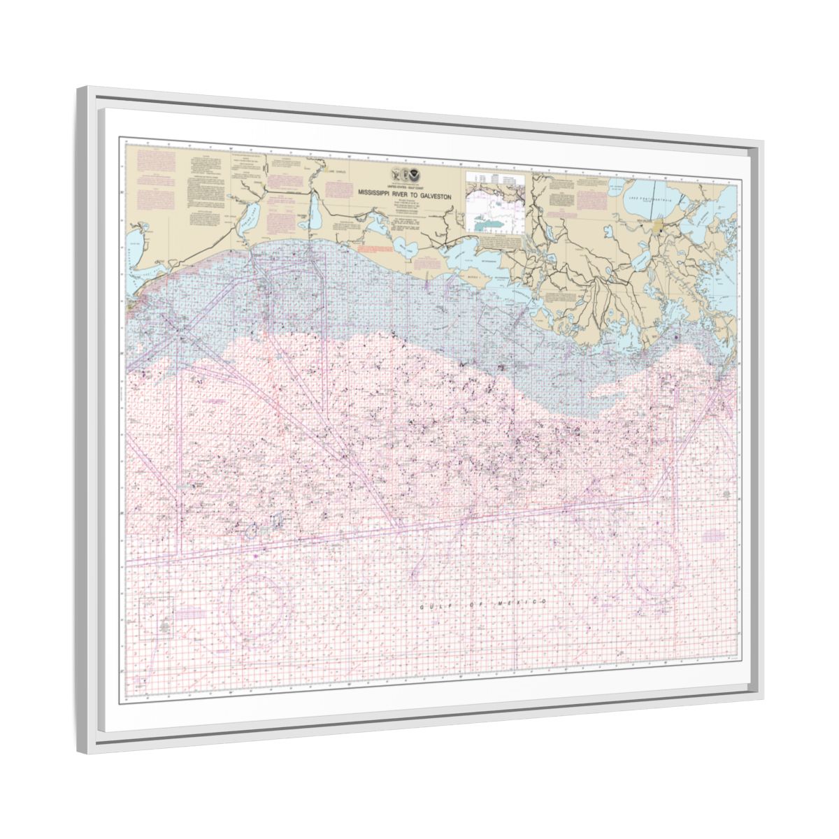 Chart 1116A Mississippi River to Galveston (Oil and Gas Leasing Areas) - NOAA Nautical Chart Floating Frame Canvas | 32" x 24" | 40" x 30" - White side