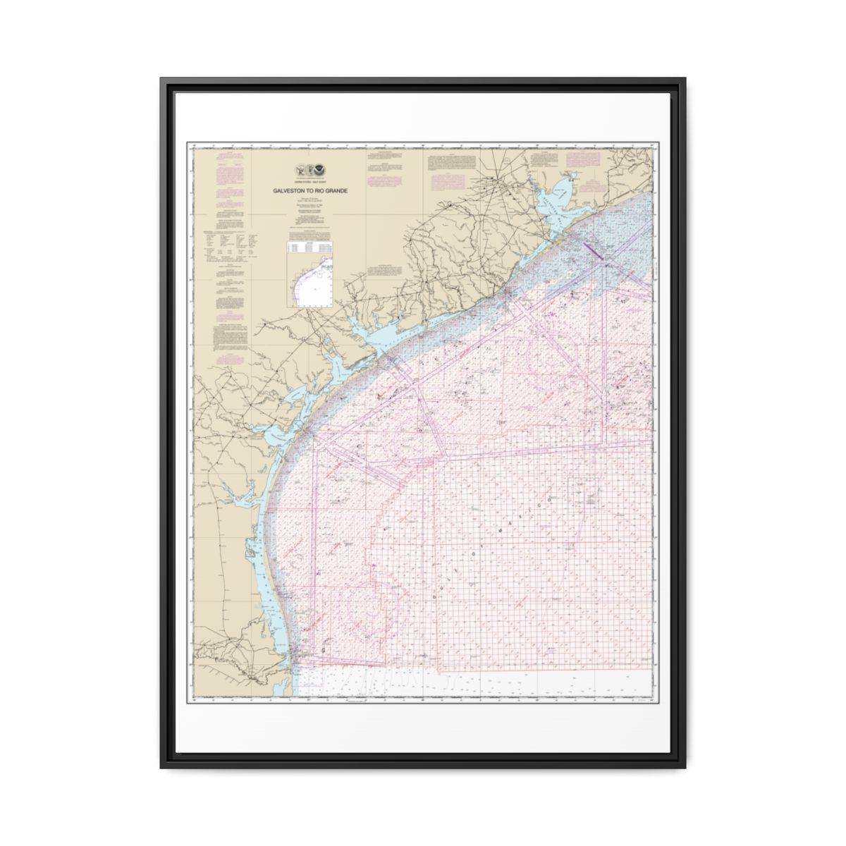 Chart 1117A Galveston to Rio Grande (Oil and Gas Leasing Areas) - NOAA Nautical Chart Floating Frame Canvas | 24" x 32" | 30" x 40" - Black front