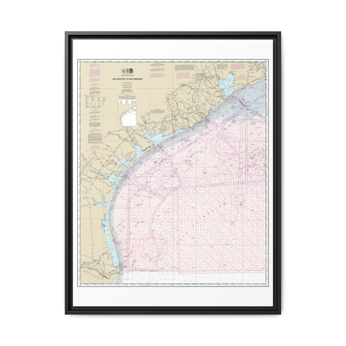 Chart 1117A Galveston to Rio Grande (Oil and Gas Leasing Areas) - NOAA Nautical Chart Floating Frame Canvas | 24" x 32" | 30" x 40" - Black front