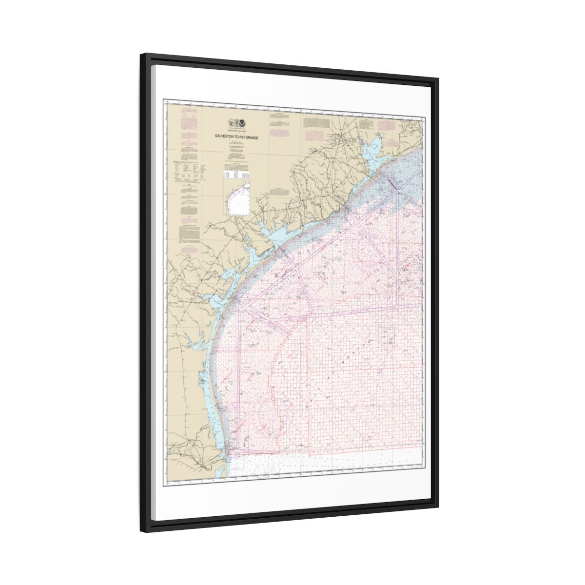 Chart 1117A Galveston to Rio Grande (Oil and Gas Leasing Areas) - NOAA Nautical Chart Floating Frame Canvas | 24" x 32" | 30" x 40" - Black side