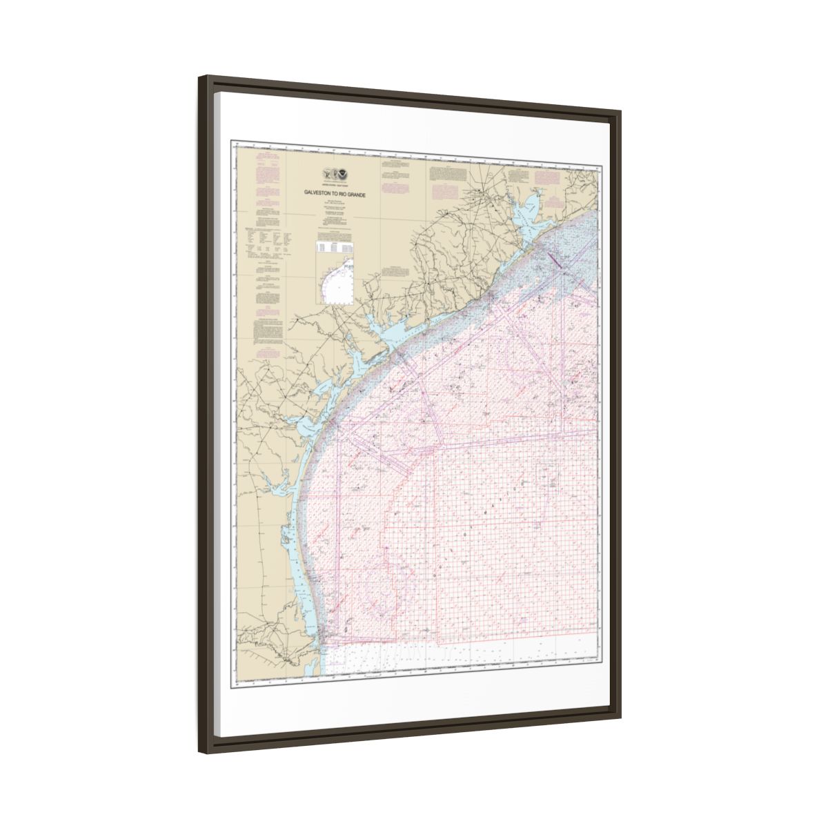 Chart 1117A Galveston to Rio Grande (Oil and Gas Leasing Areas) - NOAA Nautical Chart Floating Frame Canvas | 24" x 32" | 30" x 40" - Espresso side