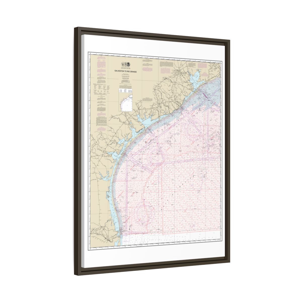 Chart 1117A Galveston to Rio Grande (Oil and Gas Leasing Areas) - NOAA Nautical Chart Floating Frame Canvas | 24" x 32" | 30" x 40" - Espresso side