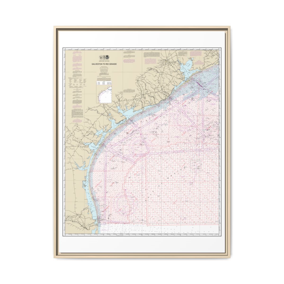 Chart 1117A Galveston to Rio Grande (Oil and Gas Leasing Areas) - NOAA Nautical Chart Floating Frame Canvas | 24" x 32" | 30" x 40" - Natural front