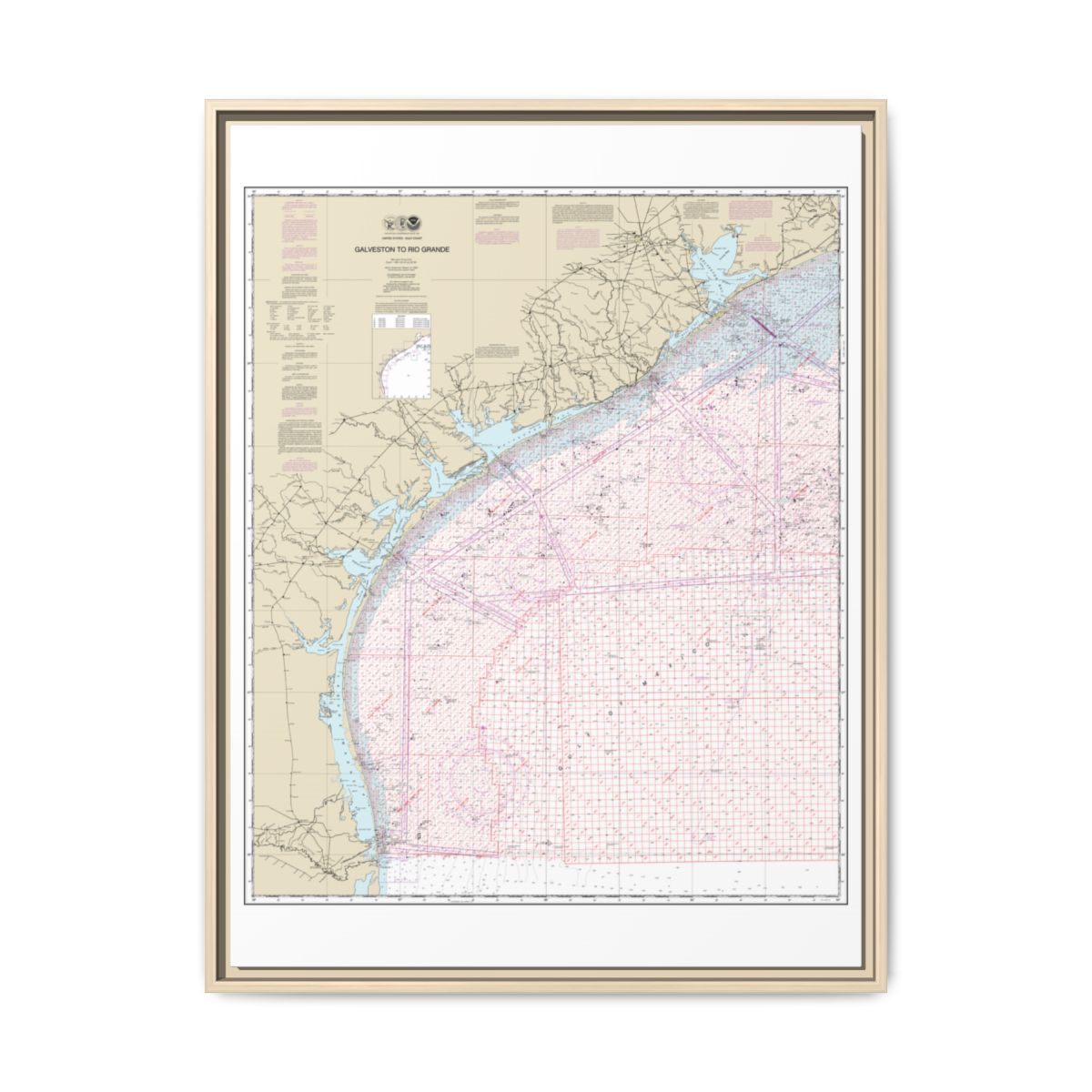 Chart 1117A Galveston to Rio Grande (Oil and Gas Leasing Areas) - NOAA Nautical Chart Floating Frame Canvas | 24" x 32" | 30" x 40" - Natural front