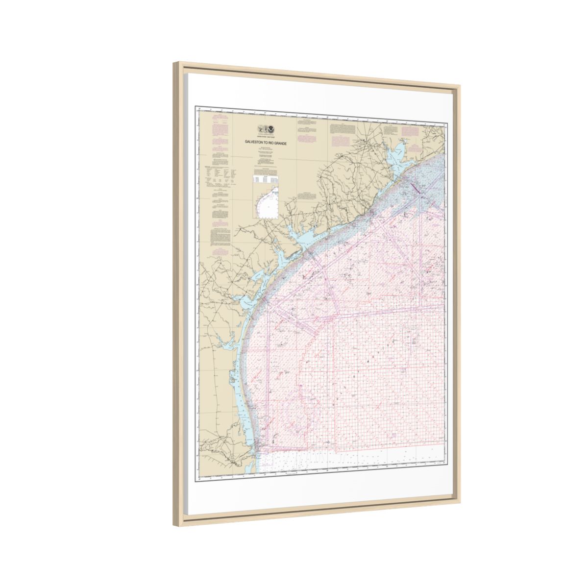 Chart 1117A Galveston to Rio Grande (Oil and Gas Leasing Areas) - NOAA Nautical Chart Floating Frame Canvas | 24" x 32" | 30" x 40" - Natural side