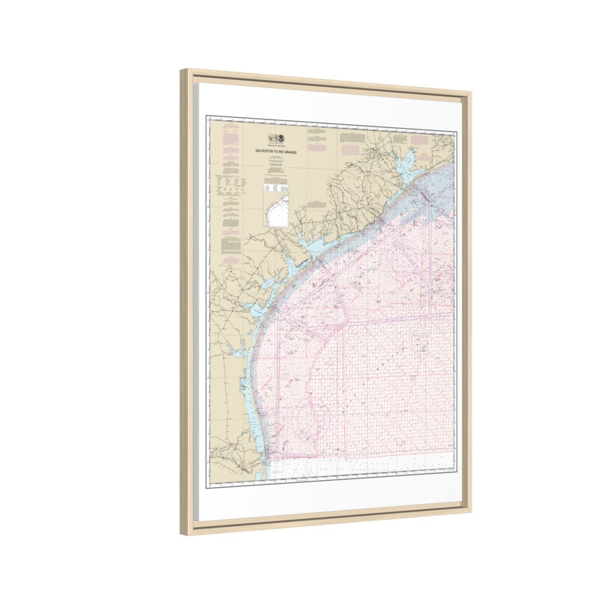 Chart 1117A Galveston to Rio Grande (Oil and Gas Leasing Areas) - NOAA Nautical Chart Floating Frame Canvas | 24" x 32" | 30" x 40" - Natural side