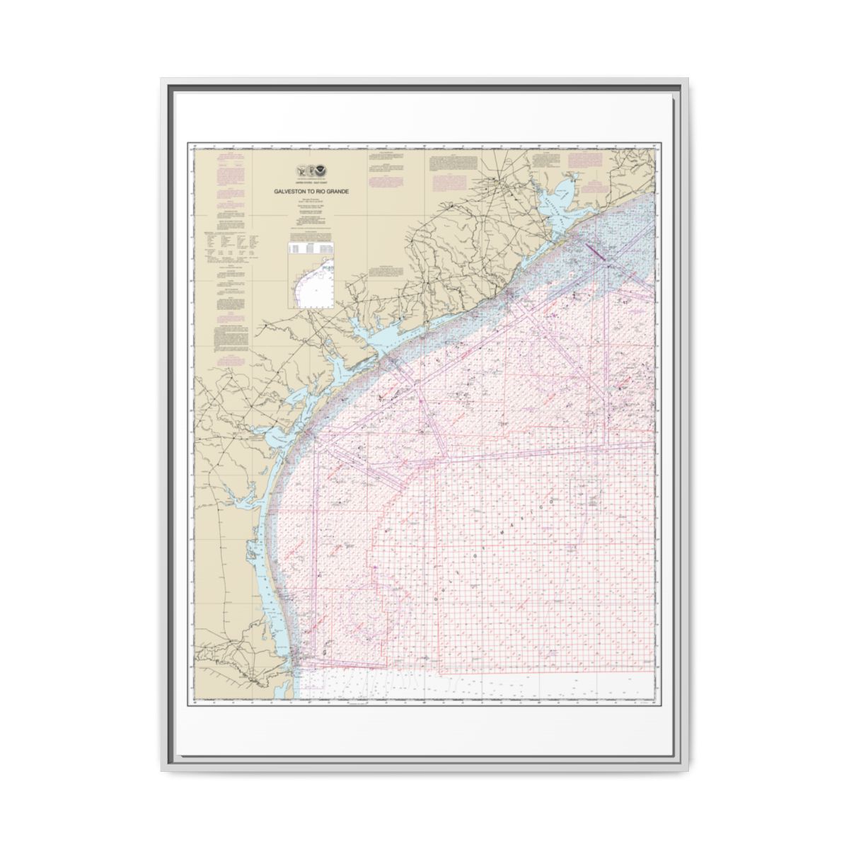 Chart 1117A Galveston to Rio Grande (Oil and Gas Leasing Areas) - NOAA Nautical Chart Floating Frame Canvas | 24" x 32" | 30" x 40" - White front