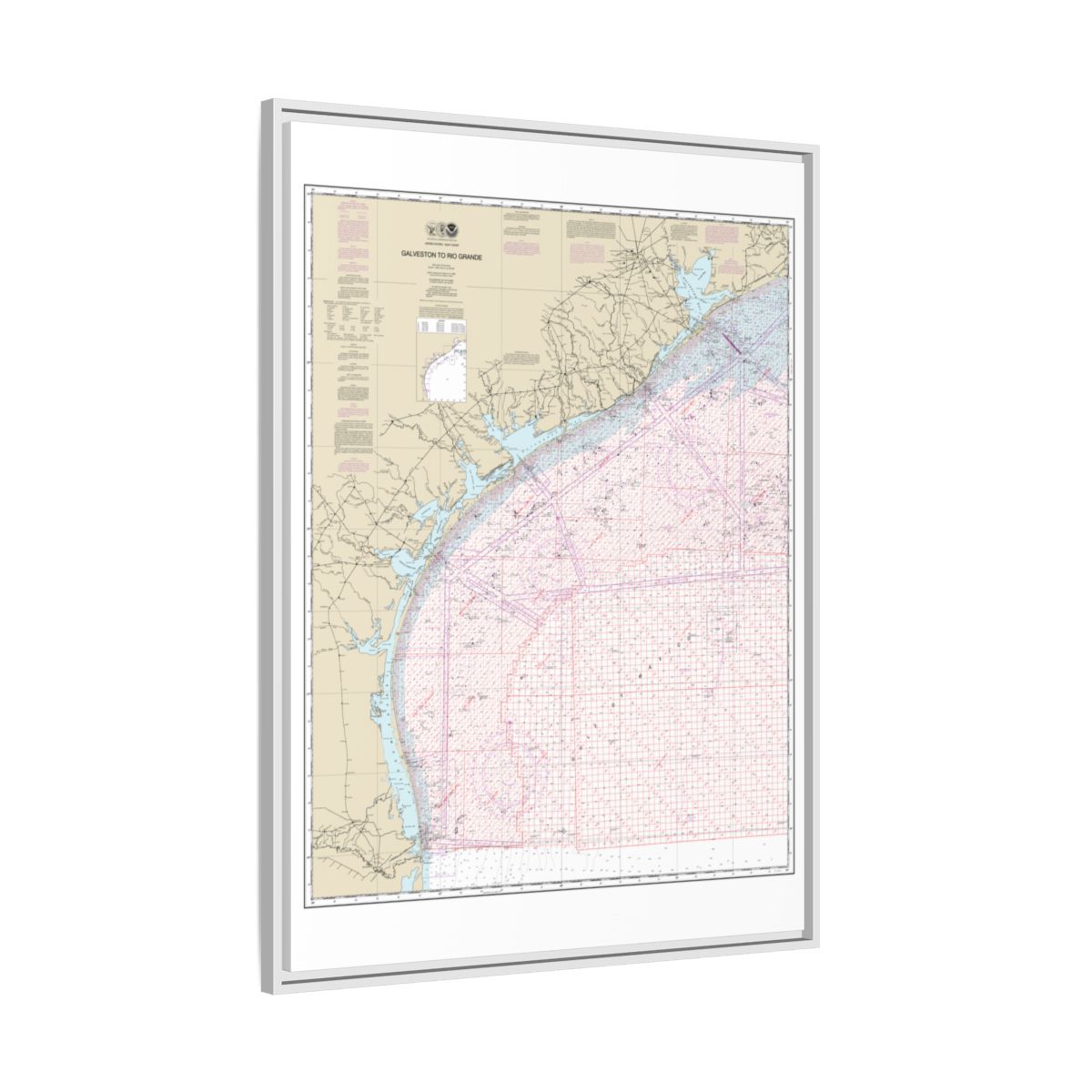 Chart 1117A Galveston to Rio Grande (Oil and Gas Leasing Areas) - NOAA Nautical Chart Floating Frame Canvas | 24" x 32" | 30" x 40" - White side