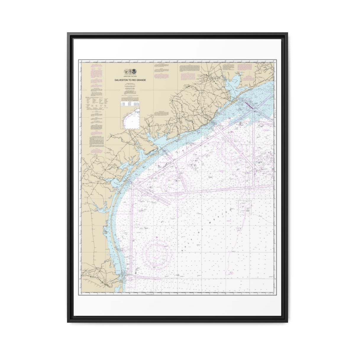 Chart 11300 Galveston to Rio Grande - NOAA Nautical Chart Floating Frame Canvas | 24" x 32" | 30" x 40" - Black front