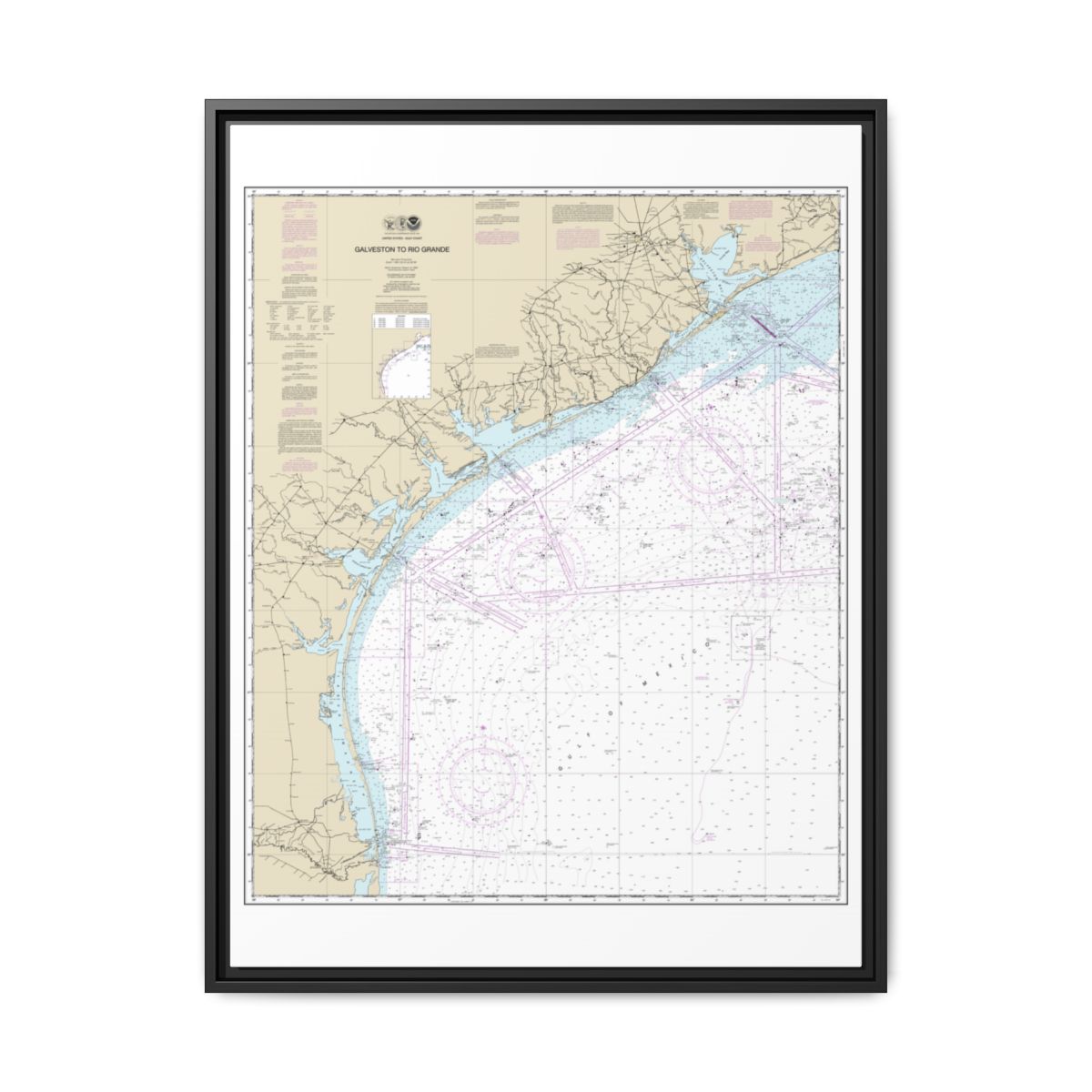 Chart 11300 Galveston to Rio Grande - NOAA Nautical Chart Floating Frame Canvas | 24" x 32" | 30" x 40" - Black front