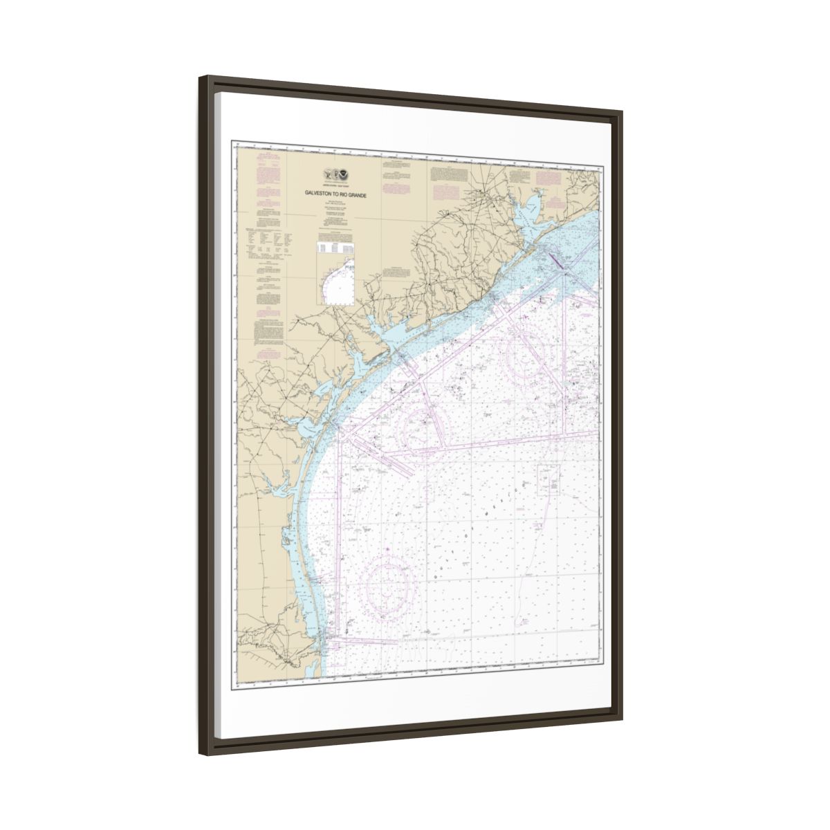 Chart 11300 Galveston to Rio Grande - NOAA Nautical Chart Floating Frame Canvas | 24" x 32" | 30" x 40" - Espresso side