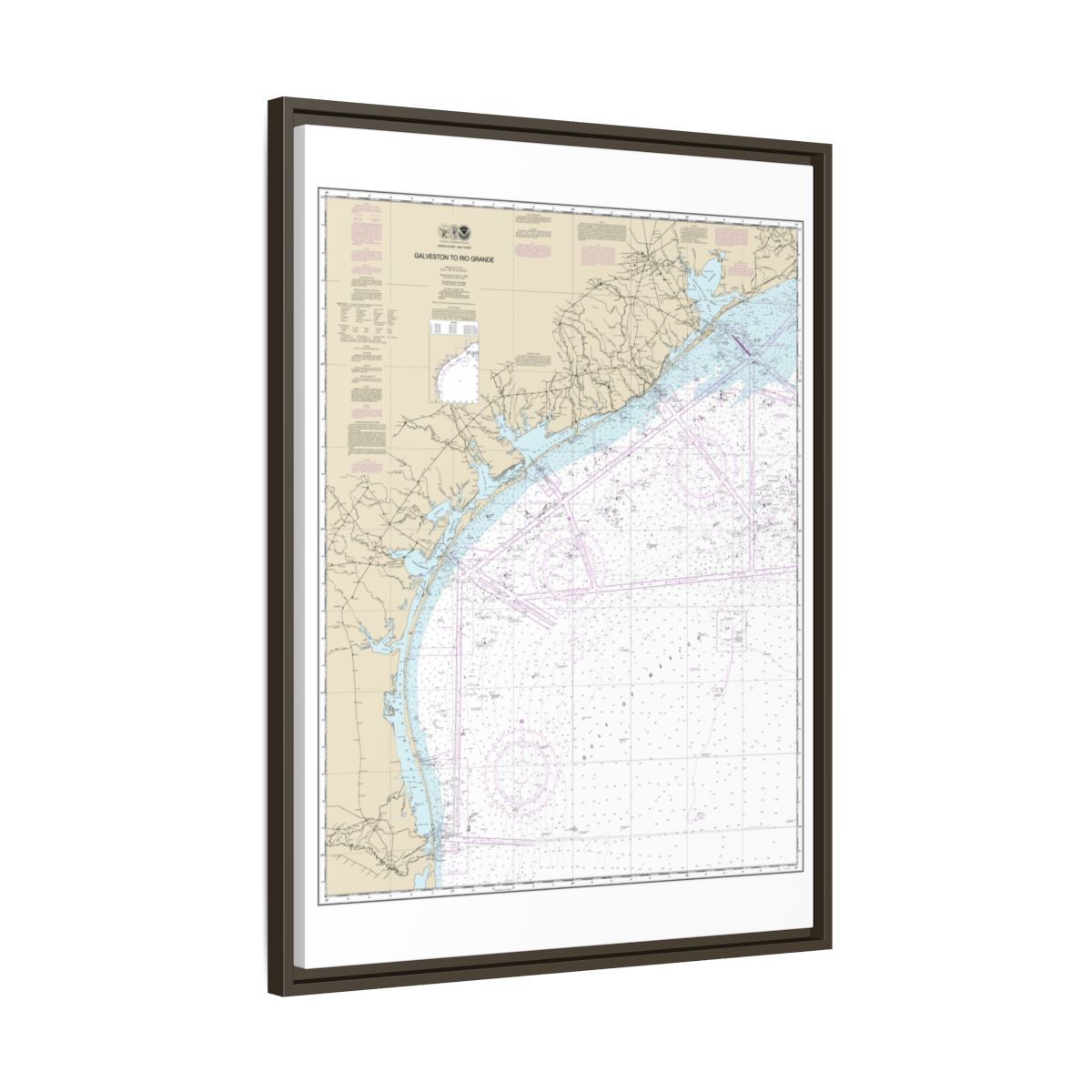 Chart 11300 Galveston to Rio Grande - NOAA Nautical Chart Floating Frame Canvas | 24" x 32" | 30" x 40" - Espresso side