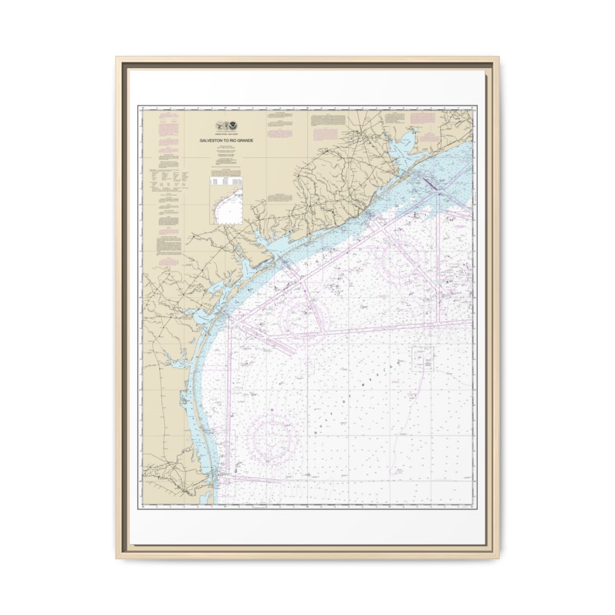 Chart 11300 Galveston to Rio Grande - NOAA Nautical Chart Floating Frame Canvas | 24" x 32" | 30" x 40" - Natural front