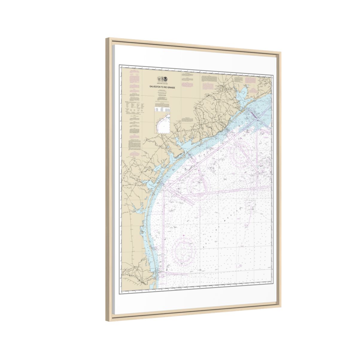 Chart 11300 Galveston to Rio Grande - NOAA Nautical Chart Floating Frame Canvas | 24" x 32" | 30" x 40" - Natural side