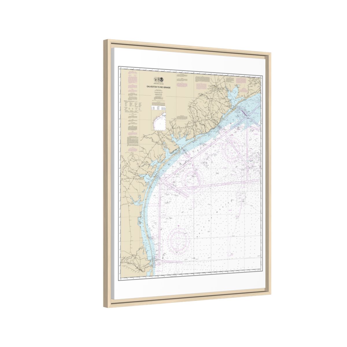 Chart 11300 Galveston to Rio Grande - NOAA Nautical Chart Floating Frame Canvas | 24" x 32" | 30" x 40" - Natural side
