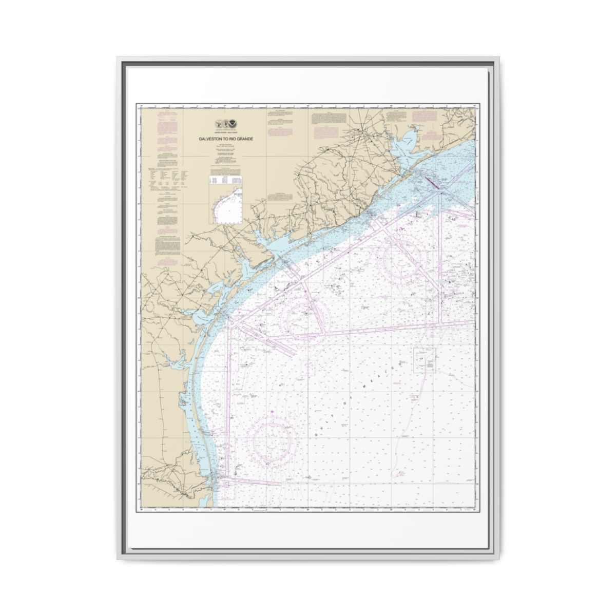 Chart 11300 Galveston to Rio Grande - NOAA Nautical Chart Floating Frame Canvas | 24" x 32" | 30" x 40" - White front
