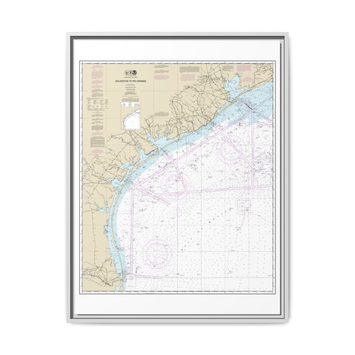 Chart 11300 Galveston to Rio Grande - NOAA Nautical Chart Floating Frame Canvas | 24" x 32" | 30" x 40" - White front