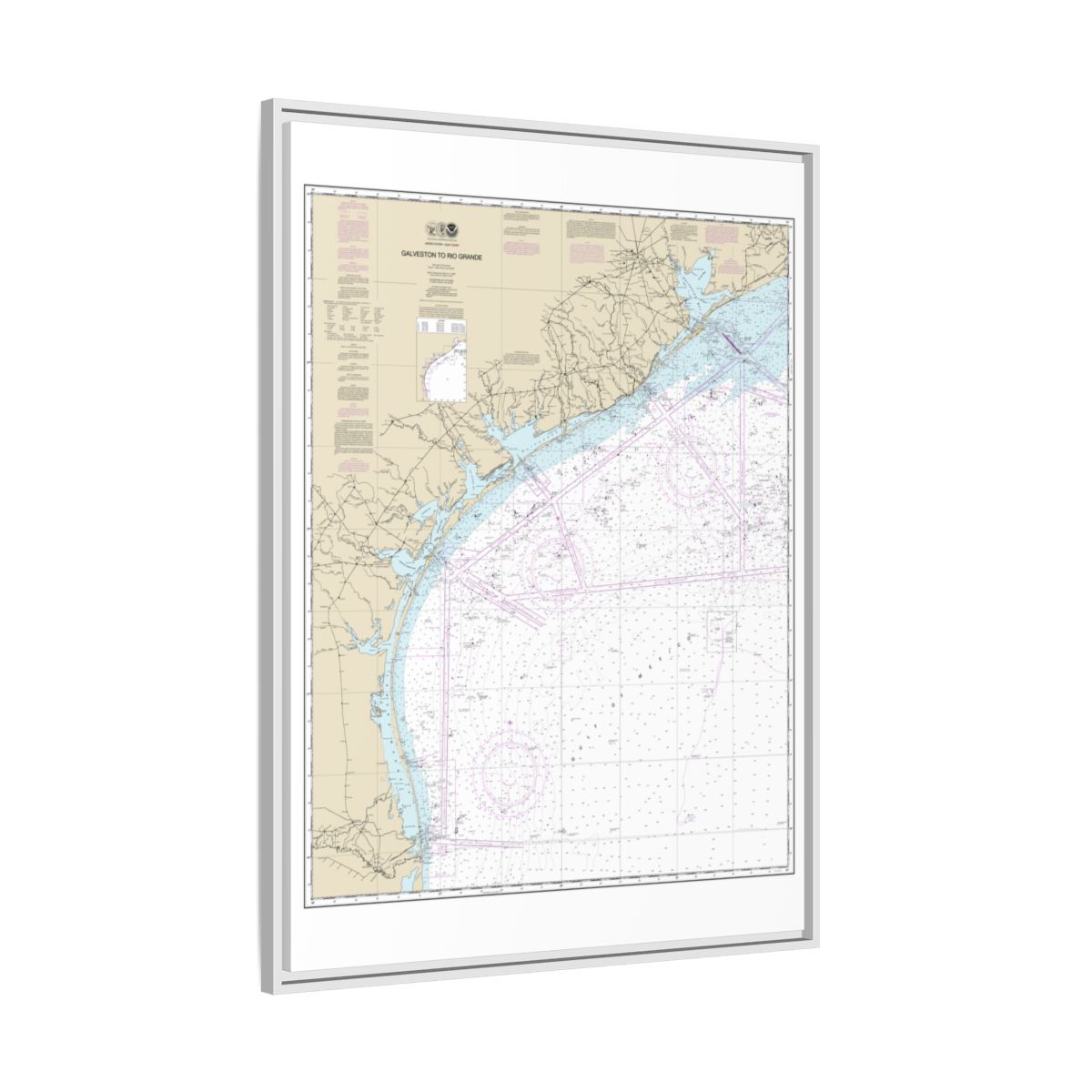 Chart 11300 Galveston to Rio Grande - NOAA Nautical Chart Floating Frame Canvas | 24" x 32" | 30" x 40" - White side