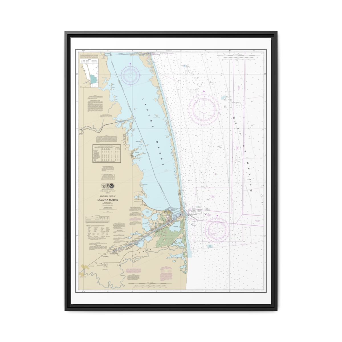 Chart 11301 Southern part of Laguna Madre - NOAA Nautical Chart Floating Frame Canvas | 24" x 32" | 30" x 40" - Black front