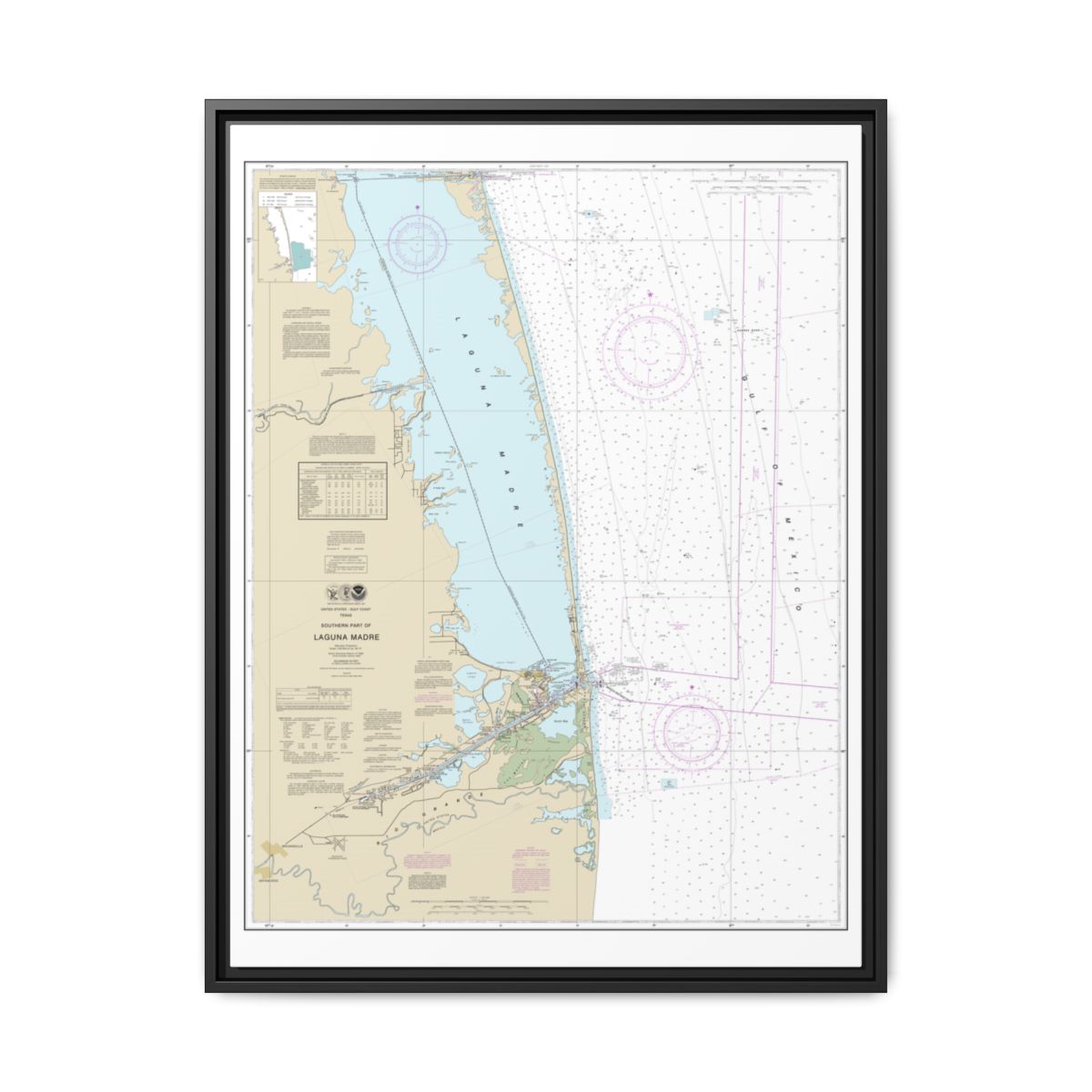 Chart 11301 Southern part of Laguna Madre - NOAA Nautical Chart Floating Frame Canvas | 24" x 32" | 30" x 40" - Black front