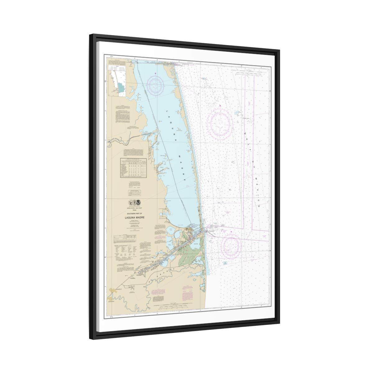Chart 11301 Southern part of Laguna Madre - NOAA Nautical Chart Floating Frame Canvas | 24" x 32" | 30" x 40" - Black side