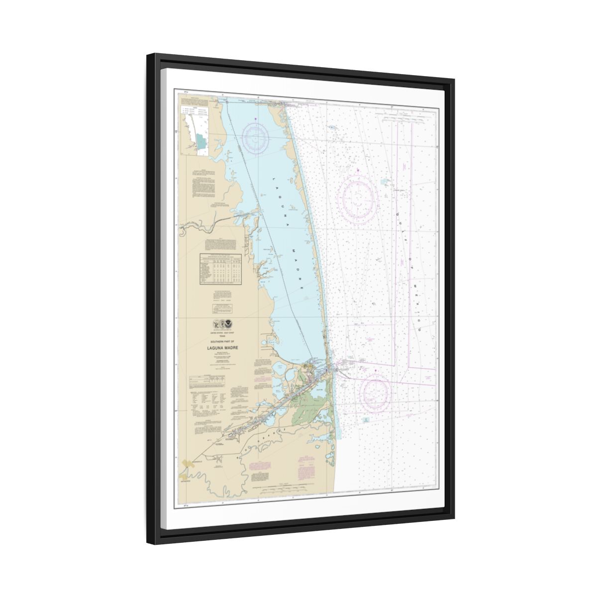 Chart 11301 Southern part of Laguna Madre - NOAA Nautical Chart Floating Frame Canvas | 24" x 32" | 30" x 40" - Black side