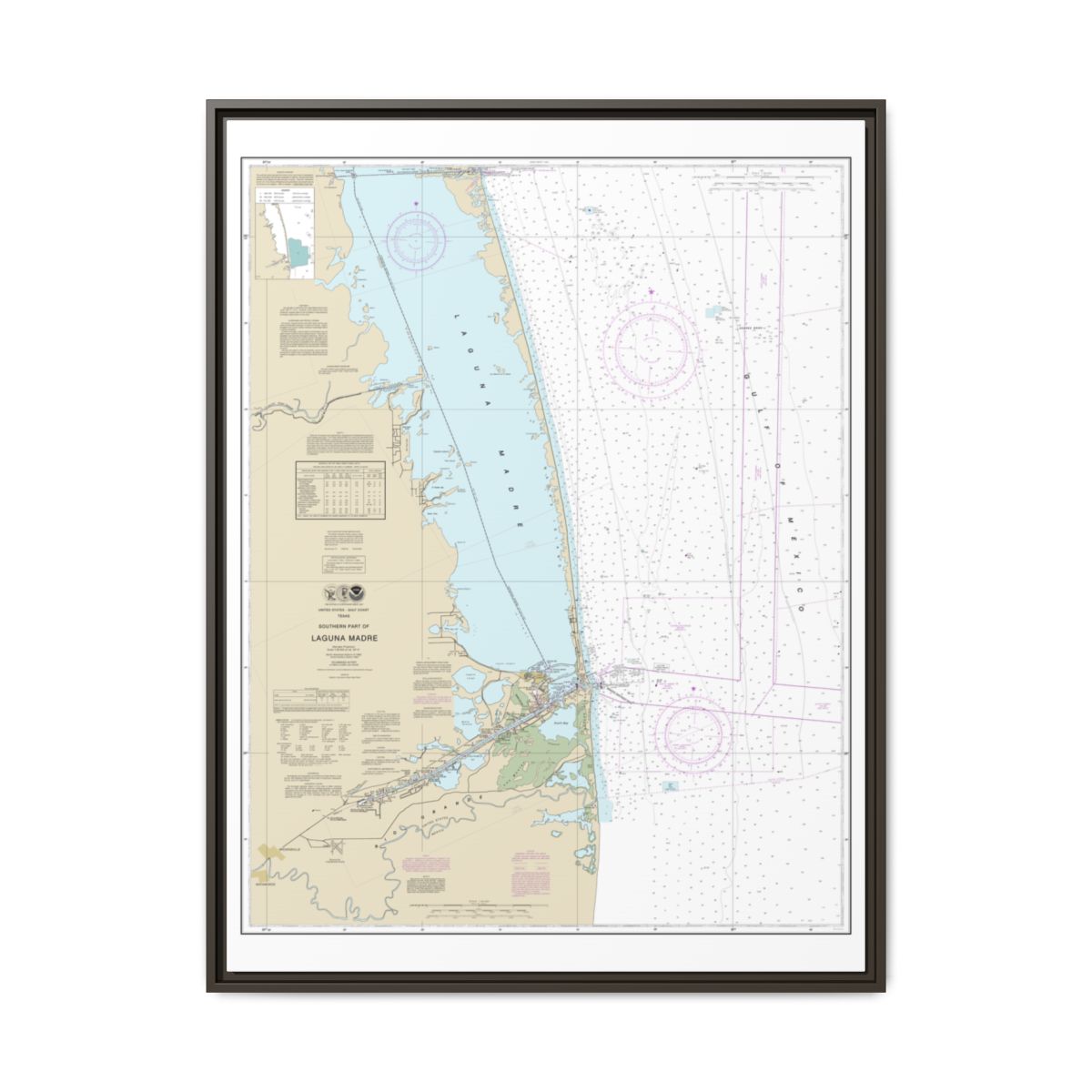 Chart 11301 Southern part of Laguna Madre - NOAA Nautical Chart Floating Frame Canvas | 24" x 32" | 30" x 40" - Espresso front