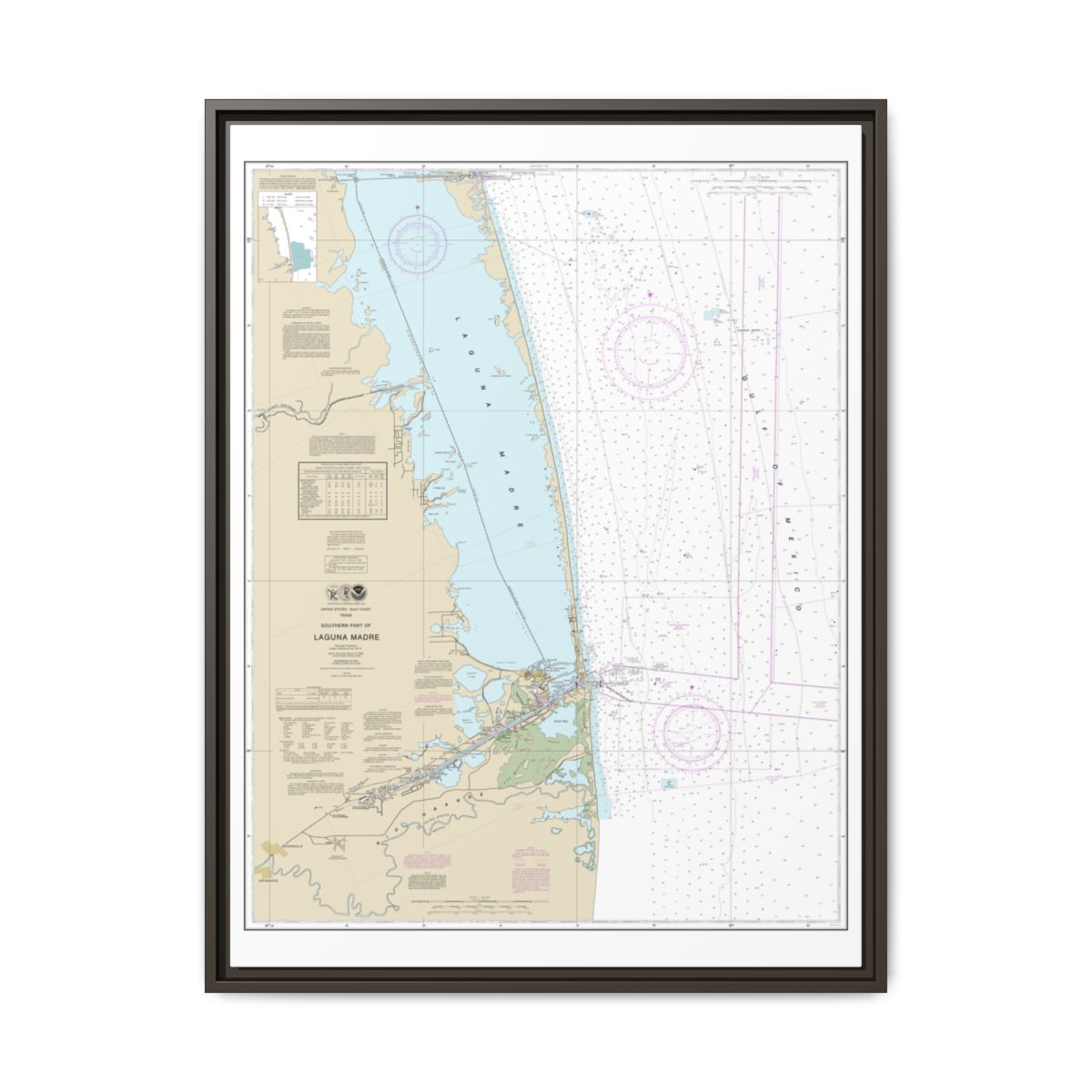 Chart 11301 Southern part of Laguna Madre - NOAA Nautical Chart Floating Frame Canvas | 24" x 32" | 30" x 40" - Espresso front